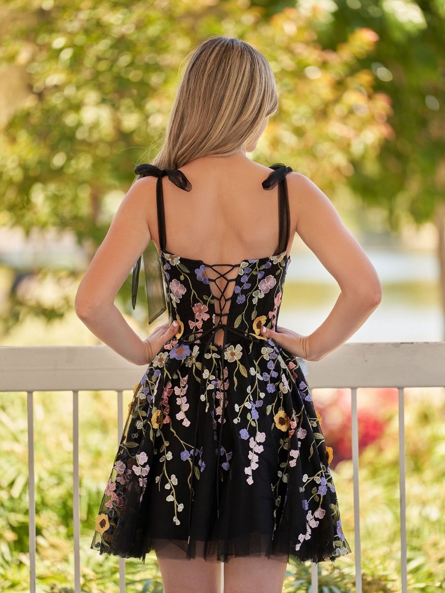 Sarah | A - Line Black Short Homecoming Dress with 3D Flowers - KissProm