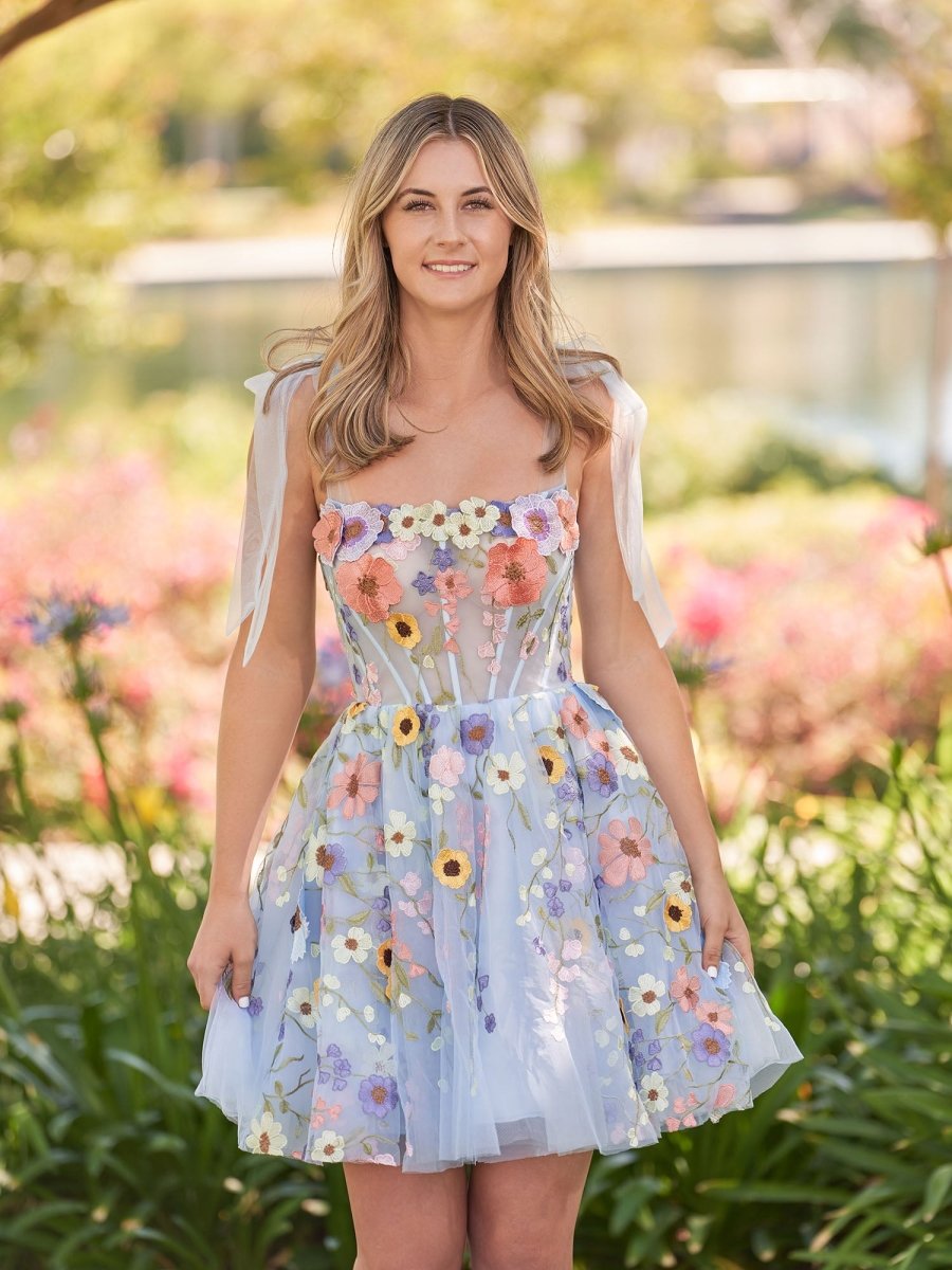 Sarah | A - Line Black Short Homecoming Dress with 3D Flowers - KissProm