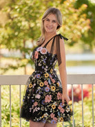 Sarah | A - Line Black Short Homecoming Dress with 3D Flowers - KissProm