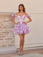 Seliora | Purple - A Line Off the Shoulder Tulle Ruffles Short Homecoming Dresses - KissProm