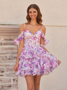 Seliora | Purple - A Line Off the Shoulder Tulle Ruffles Short Homecoming Dresses - KissProm