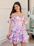 Seliora | Purple - A Line Off the Shoulder Tulle Ruffles Short Homecoming Dresses - KissProm