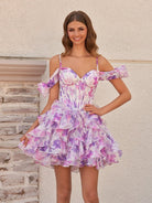 Seliora | Purple - A Line Off the Shoulder Tulle Ruffles Short Homecoming Dresses - KissProm