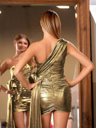 Selma | One - Shoulder Metallic Green Ruched Homecoming Dress - KissProm