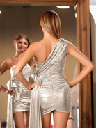 Selma | One - Shoulder Metallic Green Ruched Homecoming Dress - KissProm