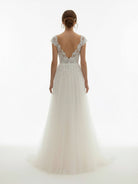 KissDress-Sexy A Line Plunging Neckline Tulle Sweep Train Wedding Dress with Appliques