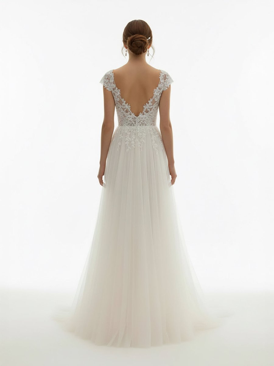 KissDress-Sexy A Line Plunging Neckline Tulle Sweep Train Wedding Dress with Appliques