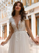 KissDress-Sexy A Line Plunging Neckline Tulle Sweep Train Wedding Dress with Appliques