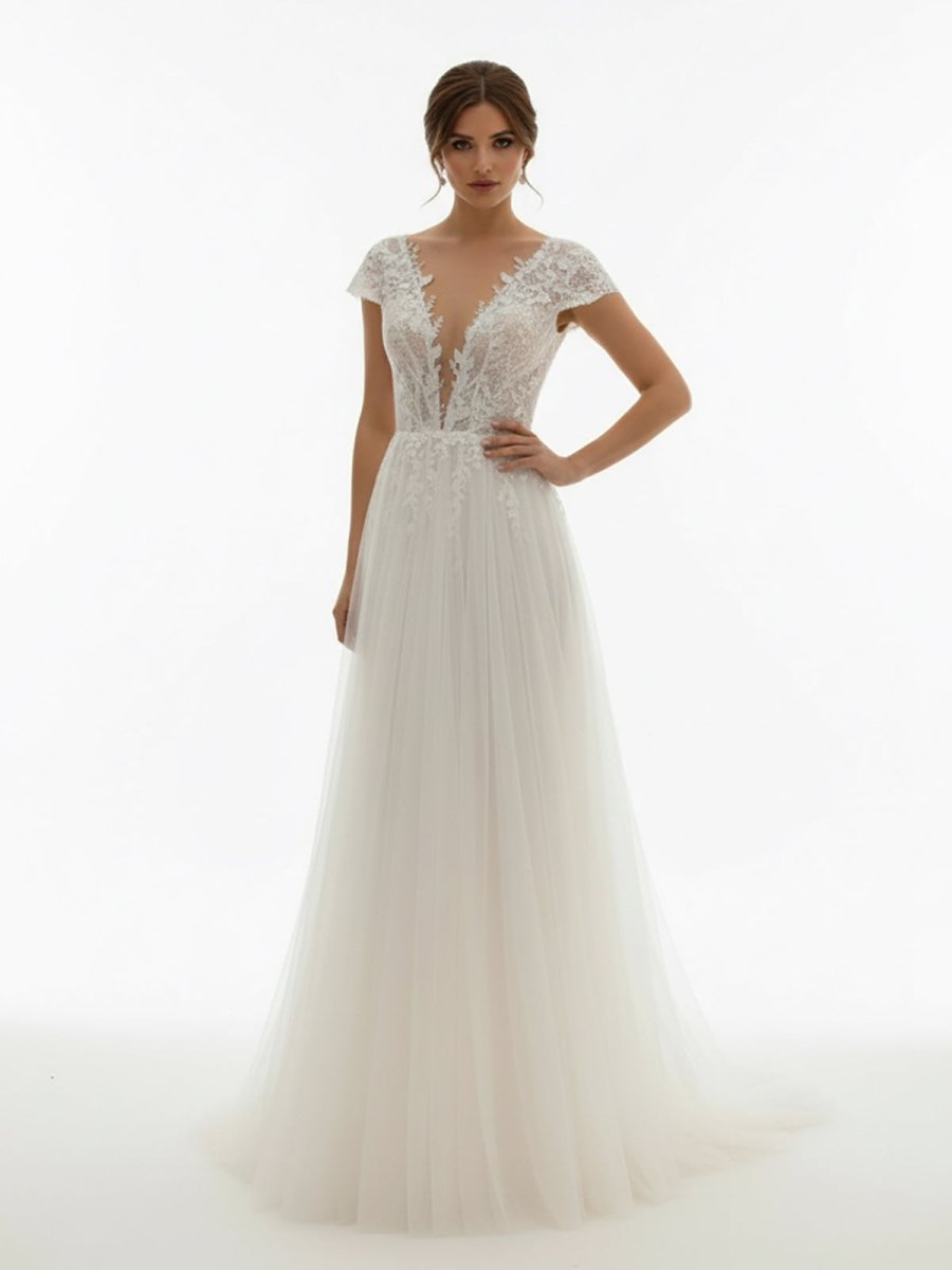 KissDress-Sexy A Line Plunging Neckline Tulle Sweep Train Wedding Dress with Appliques