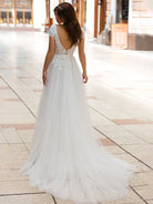 KissDress-Sexy A Line Plunging Neckline Tulle Sweep Train Wedding Dress with Appliques
