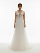 KissDress-Sexy A Line Plunging Neckline Tulle Sweep Train Wedding Dress with Appliques