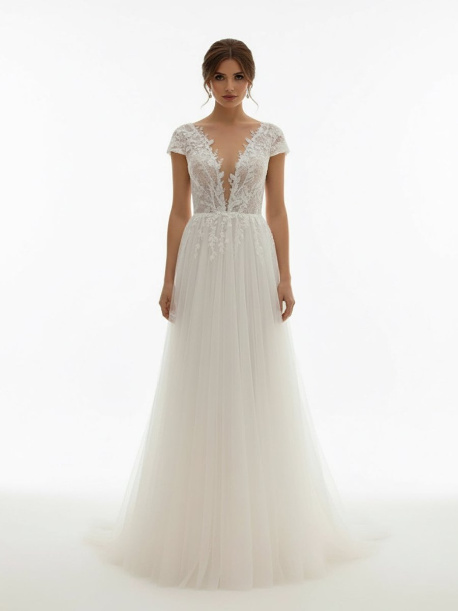 KissDress-Sexy A Line Plunging Neckline Tulle Sweep Train Wedding Dress with Appliques