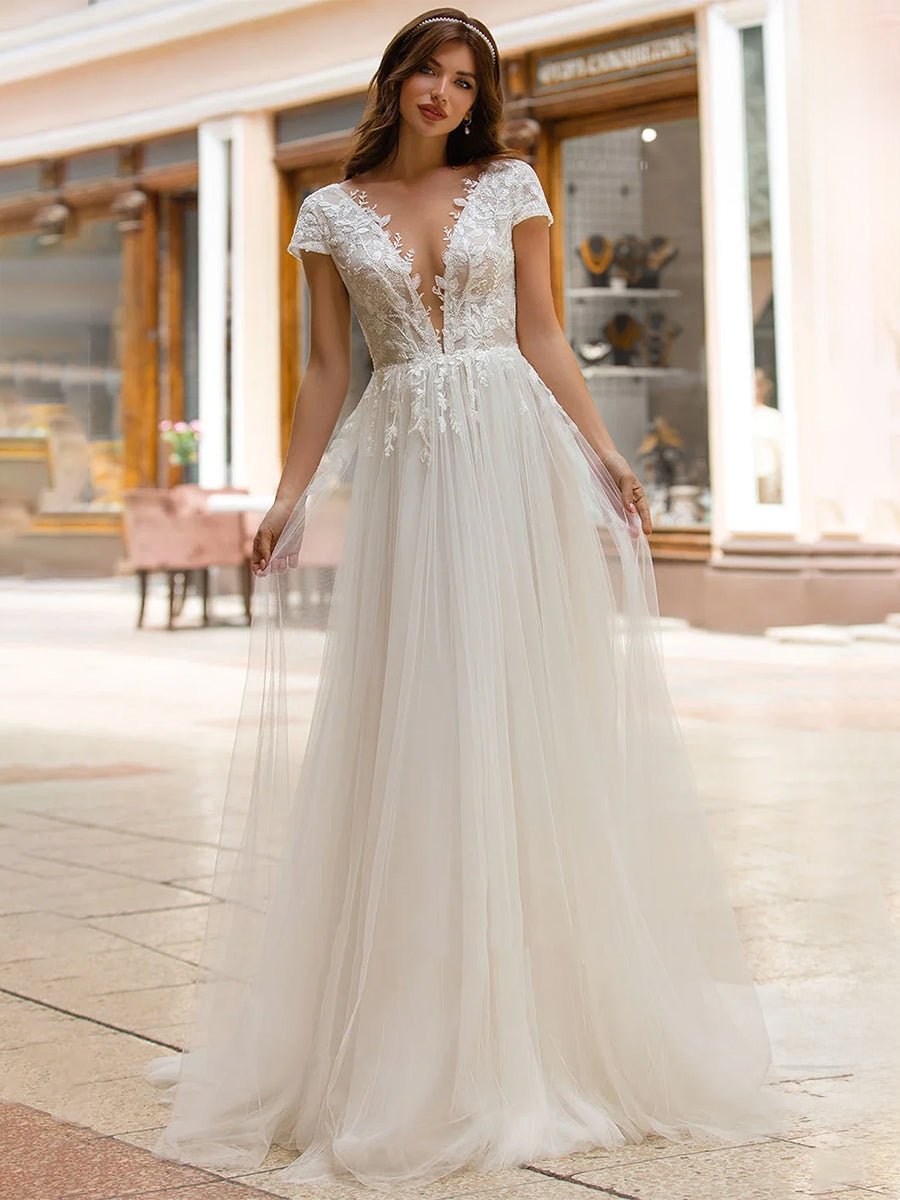 KissDress-Sexy A Line Plunging Neckline Tulle Sweep Train Wedding Dress with Appliques