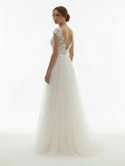 KissDress-Sexy A Line Plunging Neckline Tulle Sweep Train Wedding Dress with Appliques