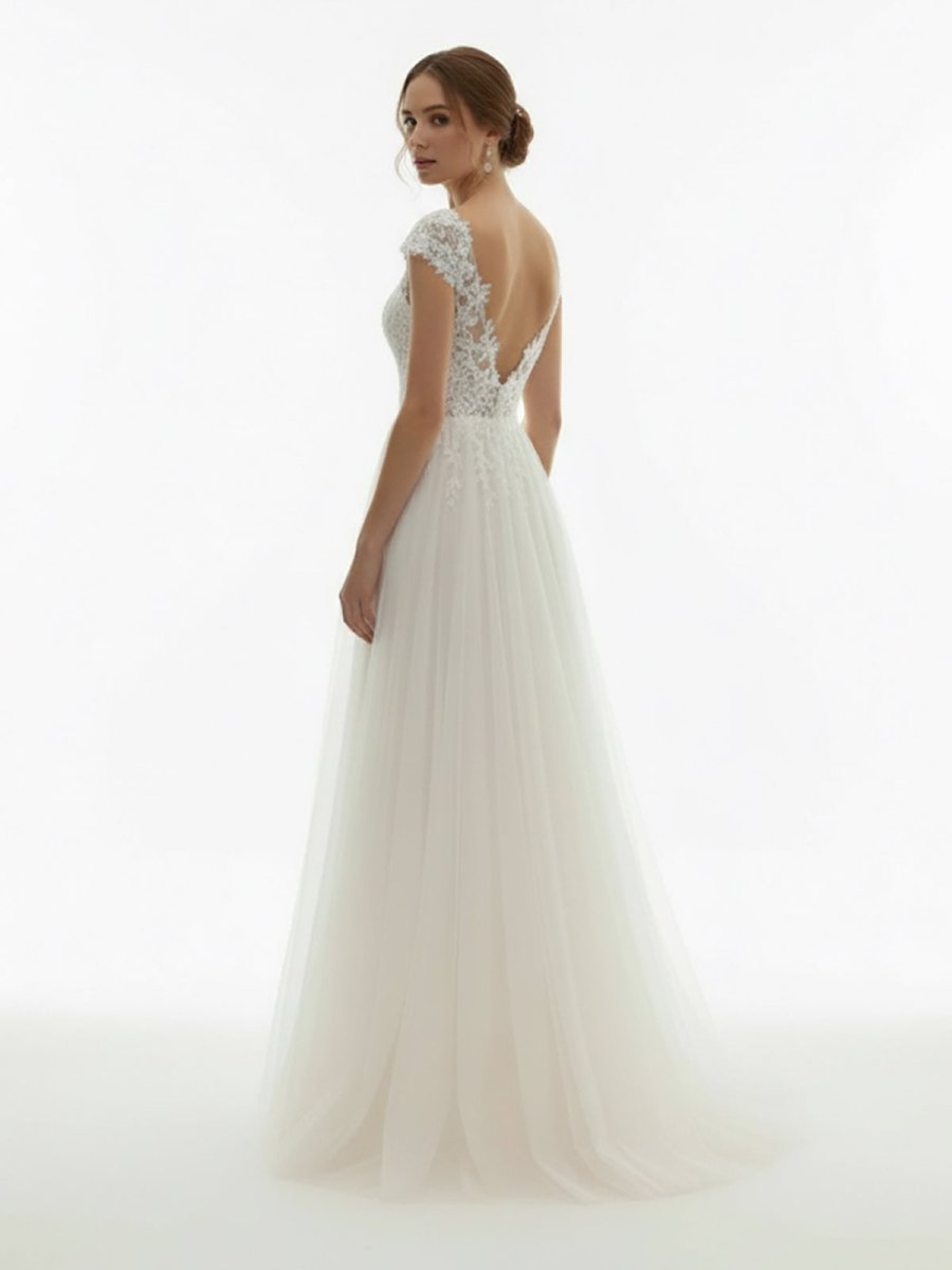 KissDress-Sexy A Line Plunging Neckline Tulle Sweep Train Wedding Dress with Appliques