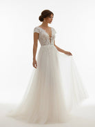 KissDress-Sexy A Line Plunging Neckline Tulle Sweep Train Wedding Dress with Appliques