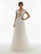 KissDress-Sexy A Line Plunging Neckline Tulle Sweep Train Wedding Dress with Appliques