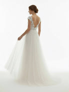 KissDress-Sexy A Line Plunging Neckline Tulle Sweep Train Wedding Dress with Appliques