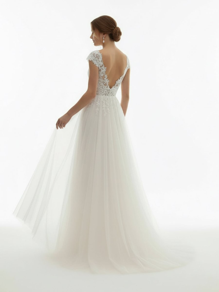 KissDress-Sexy A Line Plunging Neckline Tulle Sweep Train Wedding Dress with Appliques