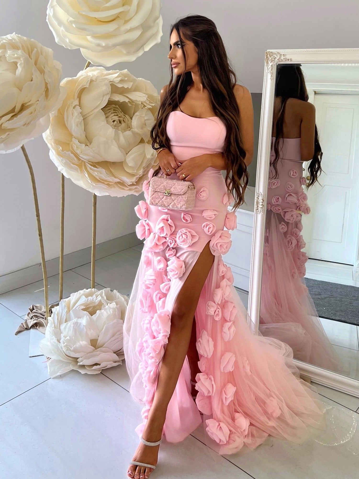 A line Sexy Sweetheart Sleeveless Pink Slit Flowers Prom Dress