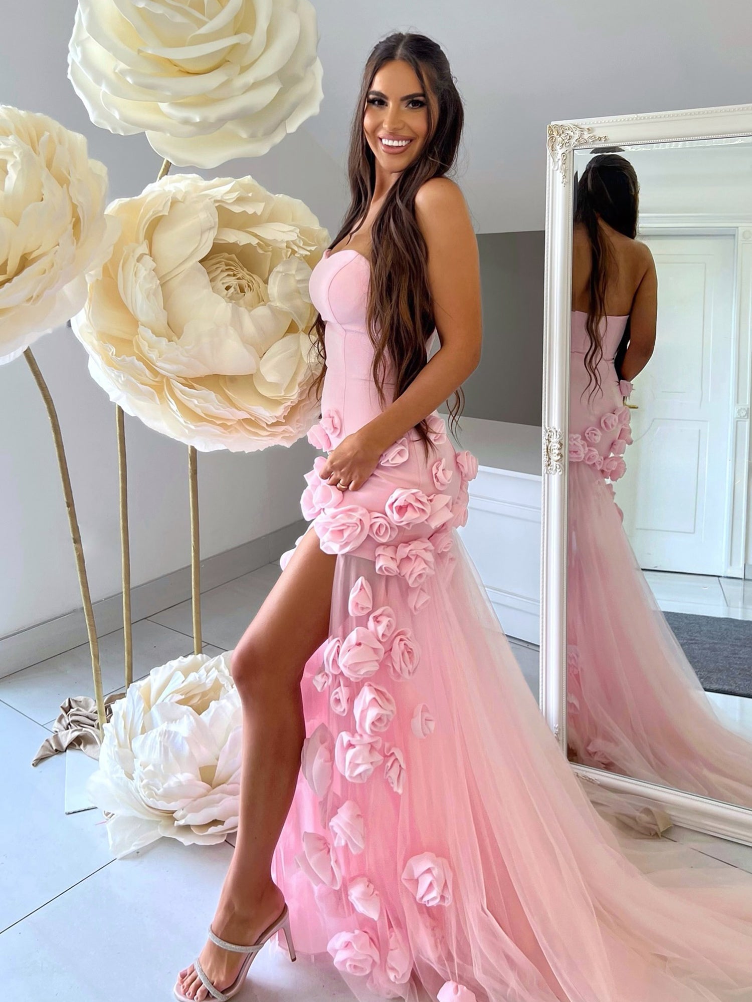 A line Sexy Sweetheart Sleeveless Pink Slit Flowers Prom Dress
