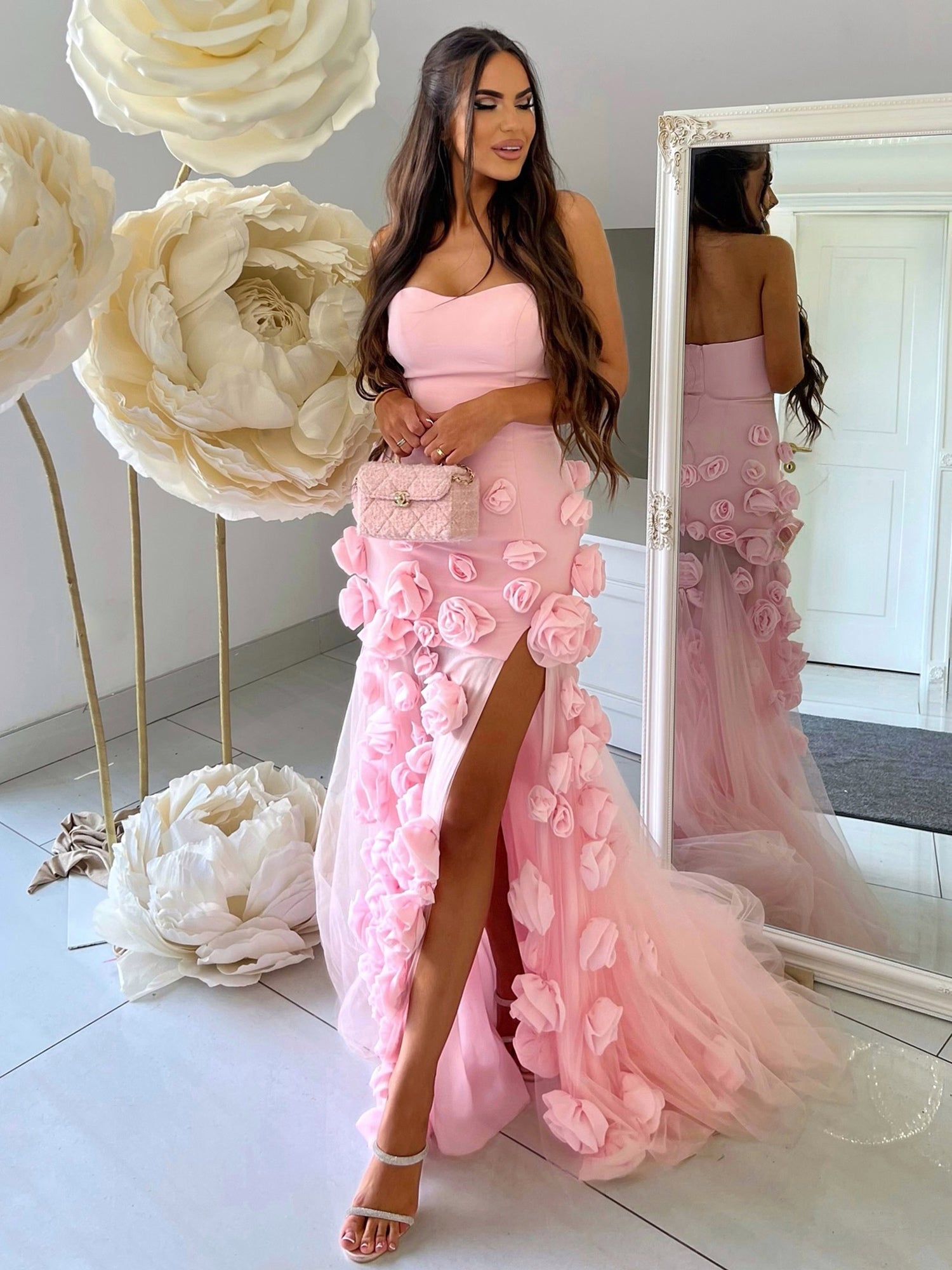 A line Sexy Sweetheart Sleeveless Pink Slit Flowers Prom Dress