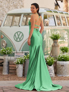 Sarai |Mermaid V - Neck Jersey Formal Dress with Lace - Up Back - KissProm