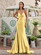 Sarai |Mermaid V - Neck Jersey Formal Dress with Lace - Up Back - KissProm