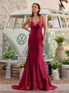 Sarai |Mermaid V - Neck Jersey Formal Dress with Lace - Up Back - KissProm