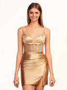 Shairi | Spaghetti Straps Bodycon Corset Satin Mini Dress with Slit - KissProm