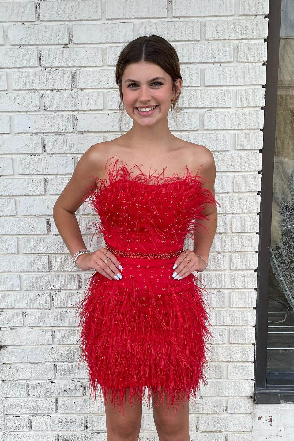 Sheath Strapless Blue Feathers Short Homecoming Dress with Beaded Belt
