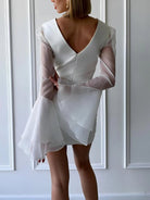 KissDress-Sheath V-Neck Long Sleeves Short Mini Tulle Little White Wedding Dresses