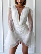 KissDress-Sheath V-Neck Long Sleeves Short Mini Tulle Little White Wedding Dresses