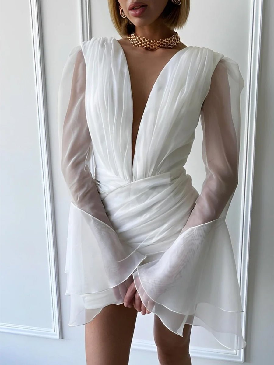 KissDress-Sheath V-Neck Long Sleeves Short Mini Tulle Little White Wedding Dresses