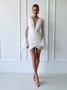 KissDress-Sheath V-Neck Long Sleeves Short Mini Tulle Little White Wedding Dresses