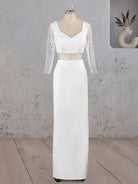 KissDress-Sheath V Neck White Satin Long Wedding Dress