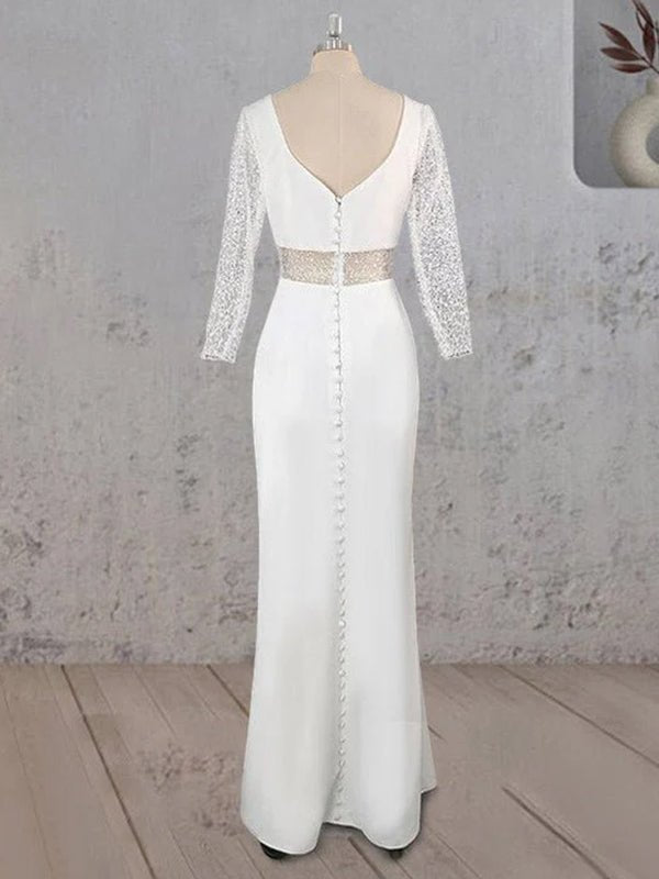 KissDress-Sheath V Neck White Satin Long Wedding Dress