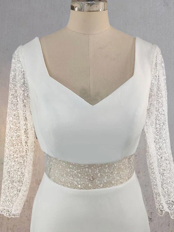 KissDress-Sheath V Neck White Satin Long Wedding Dress