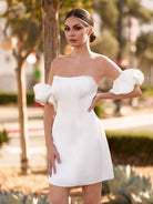 Short Satin White Wedding Dress Strapless Off the Shoulder - KissProm