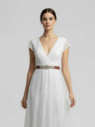 KissDress-Short Sleeve V-neck Pleated Long Lace Wedding Dress