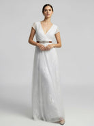 KissDress-Short Sleeve V-neck Pleated Long Lace Wedding Dress