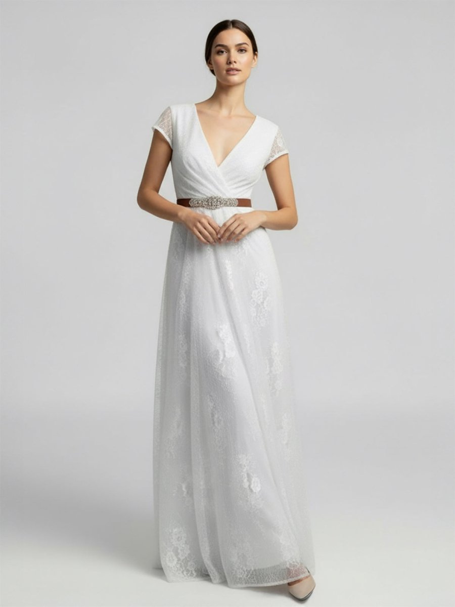 KissDress-Short Sleeve V-neck Pleated Long Lace Wedding Dress