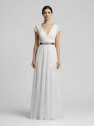 KissDress-Short Sleeve V-neck Pleated Long Lace Wedding Dress