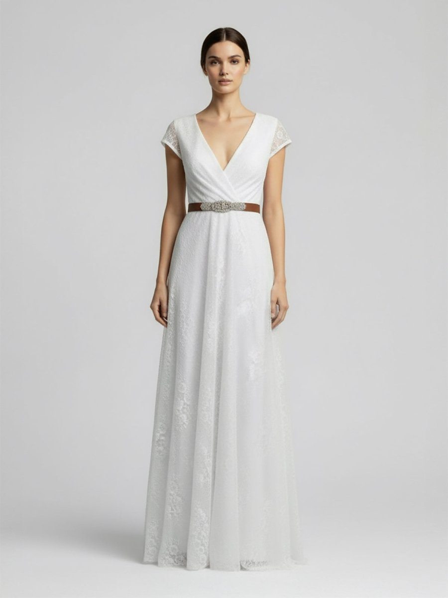 KissDress-Short Sleeve V-neck Pleated Long Lace Wedding Dress