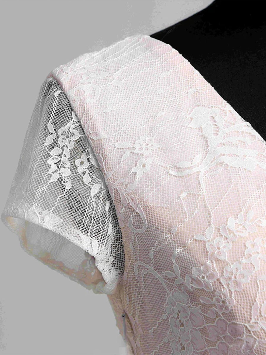 KissDress-Short Sleeve V-neck Pleated Long Lace Wedding Dress