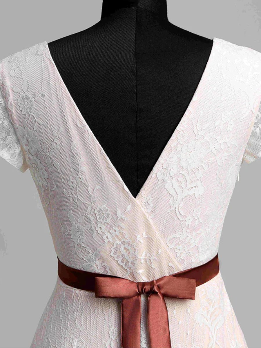 KissDress-Short Sleeve V-neck Pleated Long Lace Wedding Dress