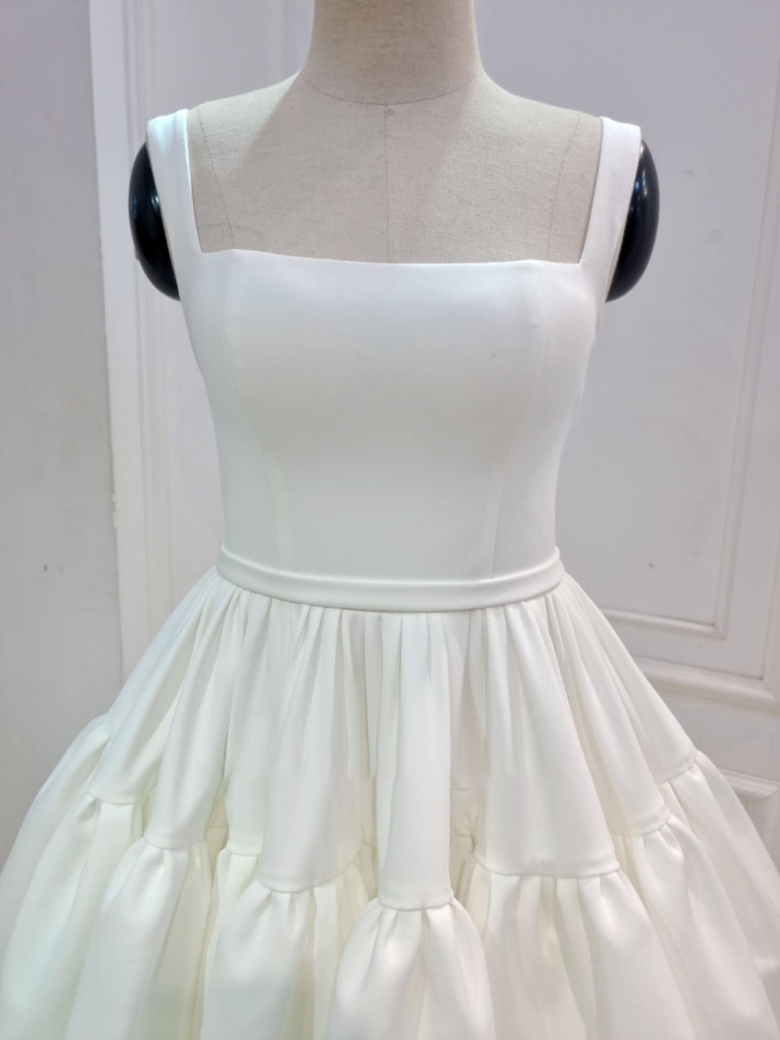 A-Line Boat-Neck Mini-Length Sleeveless Satin Pleats Wedding Dress