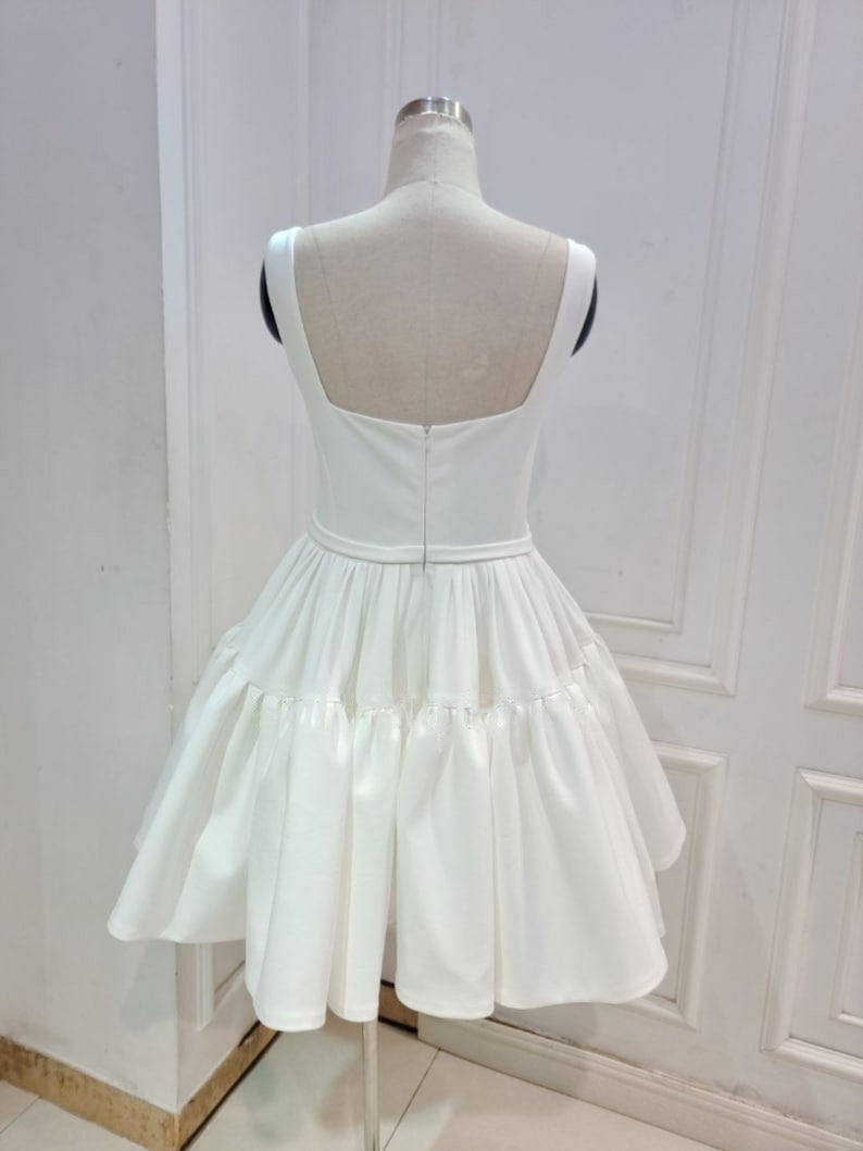 A-Line Boat-Neck Mini-Length Sleeveless Satin Pleats Wedding Dress