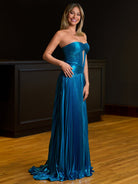 Sileas | Turquoise Sweetheart Metallic Pleated Long Formal Dress With Slit - KissProm