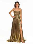 Sileas | Sweetheart Metallic Pleated Long Formal Dress With Slit - KissProm